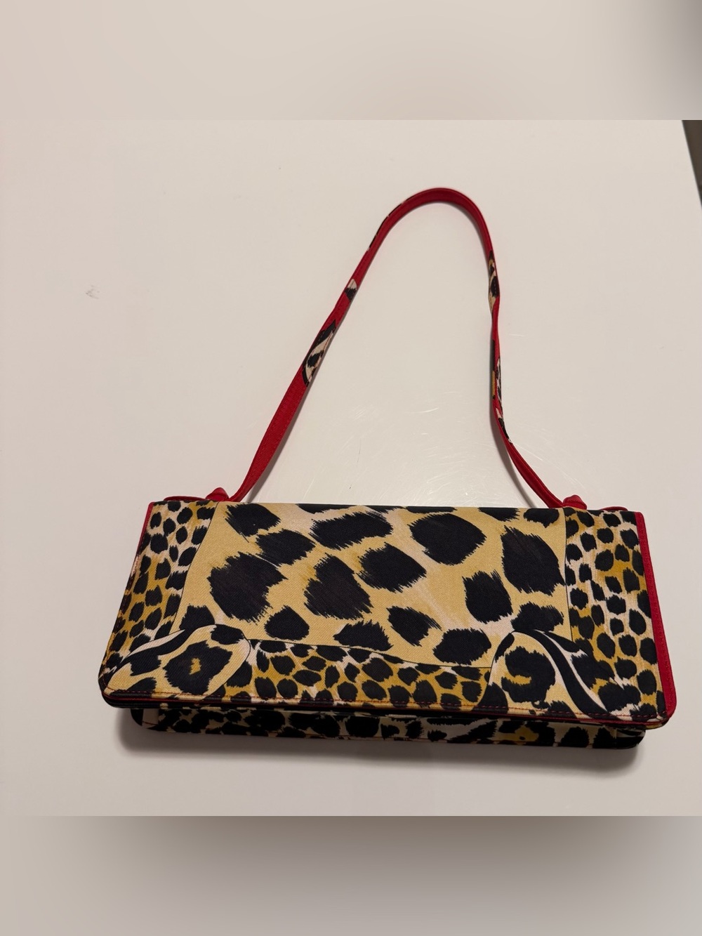 Stuart Weitzman Leopard Print Shoulder Bag with Red Strap